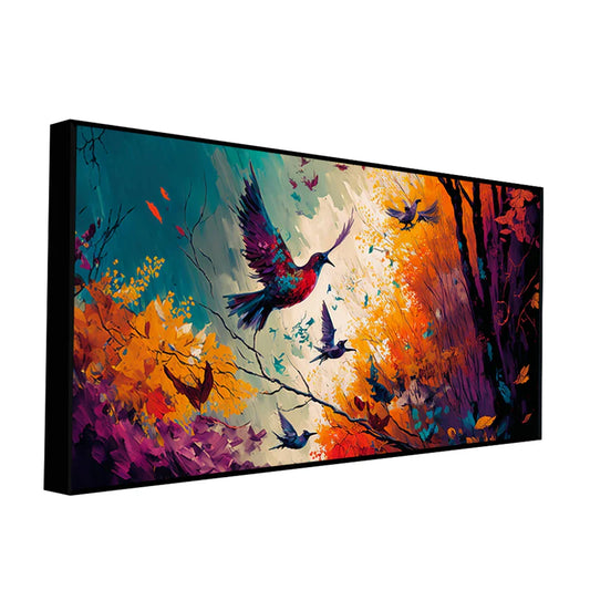 Abstract Forest Landscape with Birds Canvas Wall Painting – Modern Nature Wall Art with Premium Wooden Frame (48 x 24 Inch)