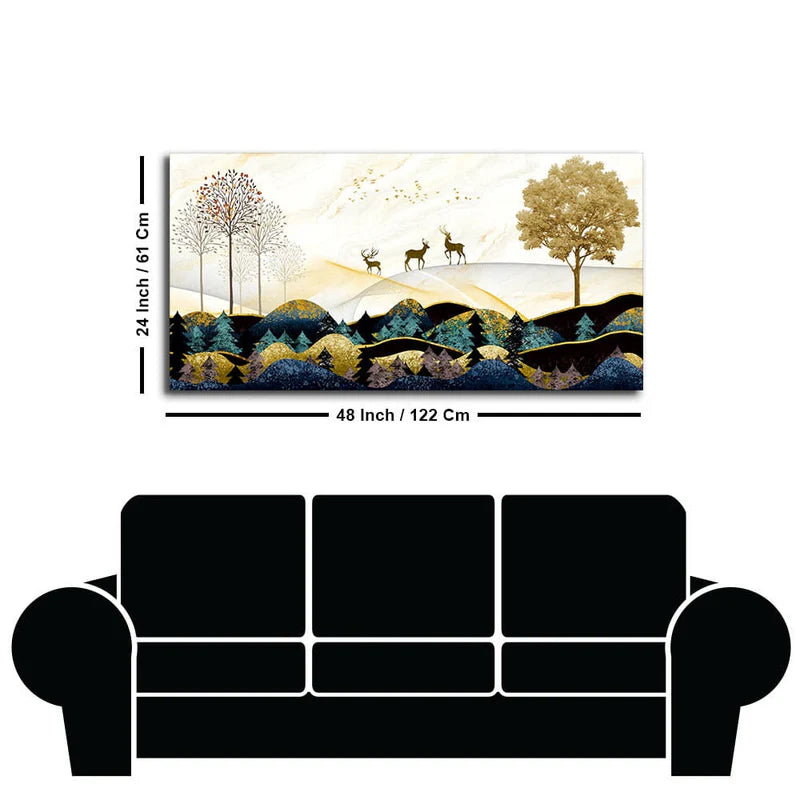 Abstract Golden Landscape with Deer Canvas Wall Painting – Luxury Nature Wall Art (48 x 24 Inch)