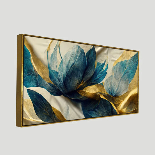 Blue & Gold Abstract Floral Canvas Wall Painting – Luxury Modern Wall Art with Wooden Frame (48 x 24 Inch)