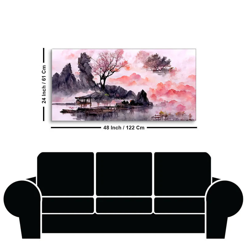Watercolor Lake View Canvas Wall Painting – Scenic Landscape Art with Premium Wooden Frame (48 x 24 Inch)