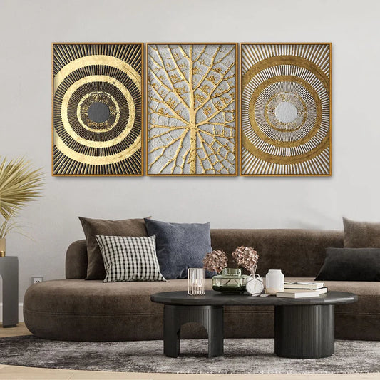 Golden Leaf & 3D Abstract Floating Canvas Wall Painting – Luxury Wall Art Set of 3 (25 x 17 Inch Each)
