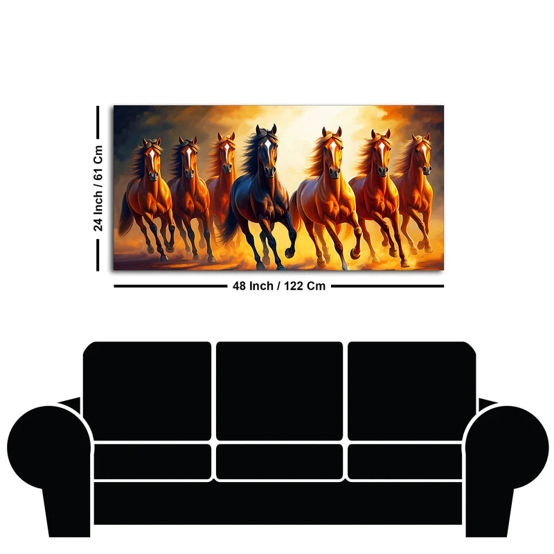 Seven Horses Running at Sunset Canvas Wall Painting – Powerful Vastu Wall Art with Premium Wooden Frame (48 x 24 Inch)