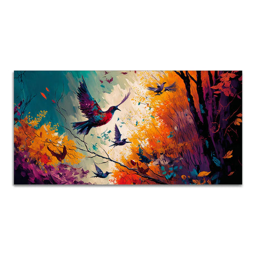 Abstract Forest Landscape with Birds Canvas Wall Painting – Modern Nature Wall Art with Premium Wooden Frame (48 x 24 Inch)