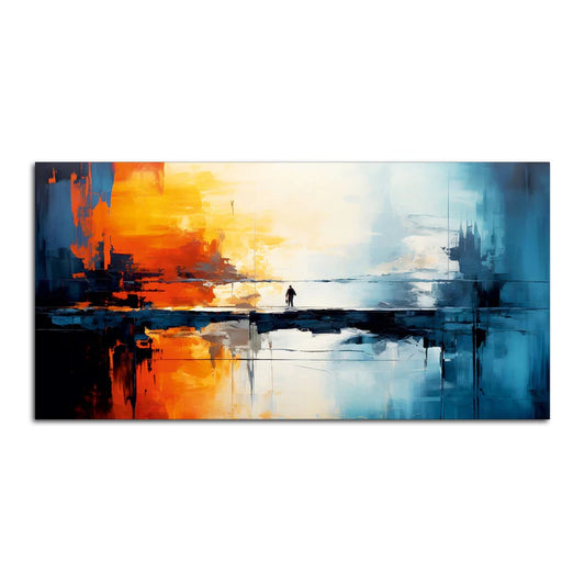 Abstract Blue & Orange Canvas Wall Painting – Modern Artistic Landscape Wall Art with Wooden Frame (48 x 24 Inch)