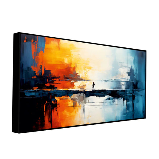 Abstract Blue & Orange Canvas Wall Painting – Modern Artistic Landscape Wall Art with Wooden Frame (48 x 24 Inch)