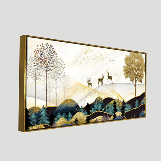 Abstract Golden Landscape with Deer Canvas Wall Painting – Luxury Nature Wall Art (48 x 24 Inch)