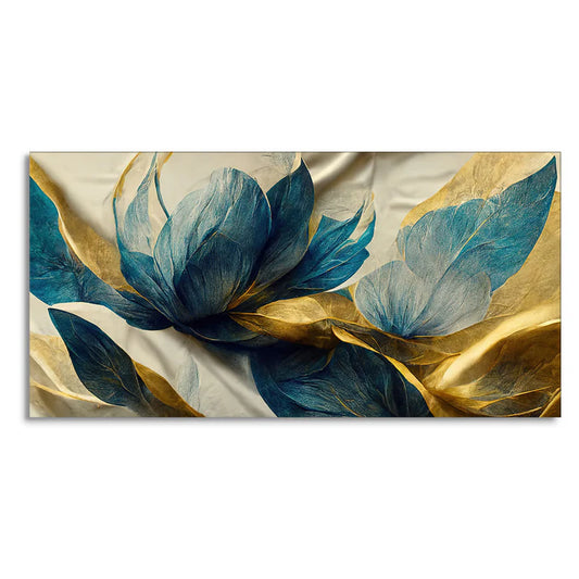 Blue & Gold Abstract Floral Canvas Wall Painting – Luxury Modern Wall Art with Wooden Frame (48 x 24 Inch)
