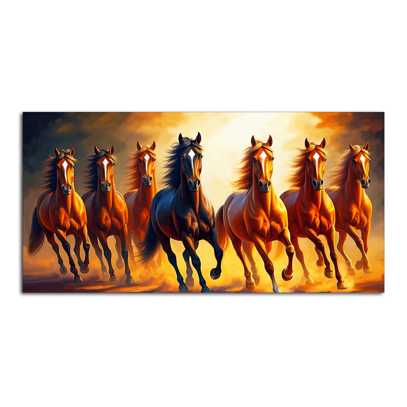 Seven Horses Running at Sunset Canvas Wall Painting – Powerful Vastu Wall Art with Premium Wooden Frame (48 x 24 Inch)