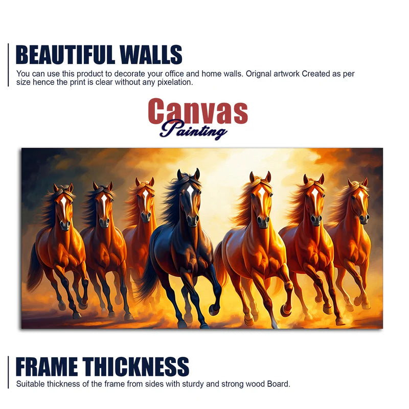 Seven Horses Running at Sunset Canvas Wall Painting – Powerful Vastu Wall Art with Premium Wooden Frame (48 x 24 Inch)