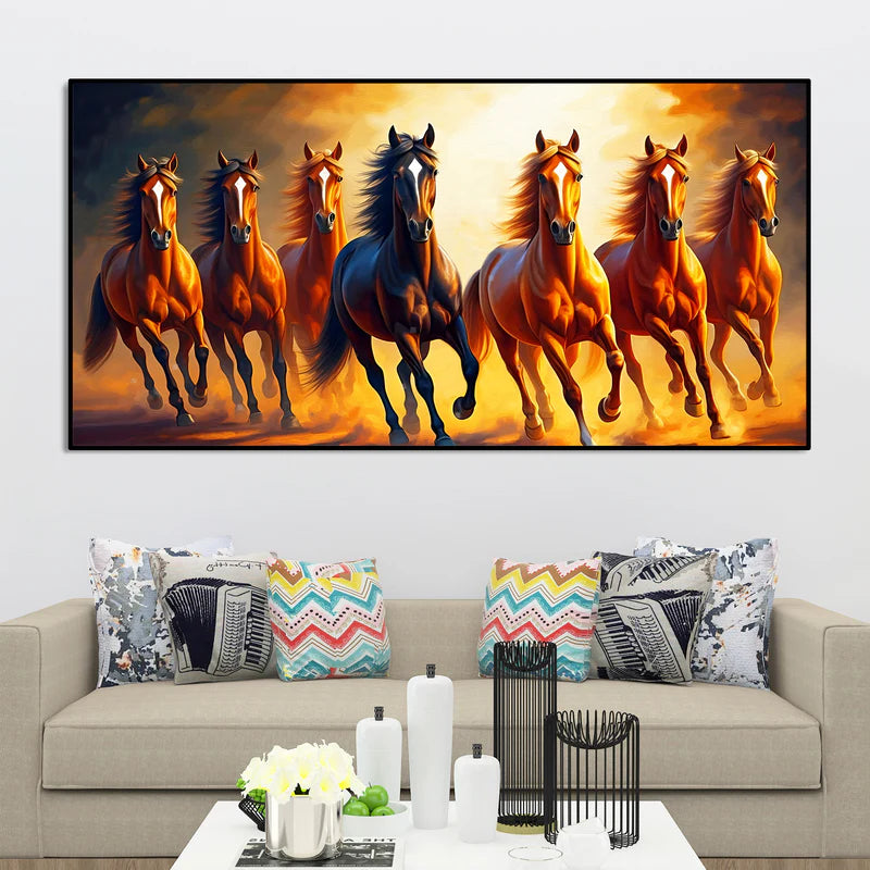 Seven Horses Running at Sunset Canvas Wall Painting – Powerful Vastu Wall Art with Premium Wooden Frame (48 x 24 Inch)